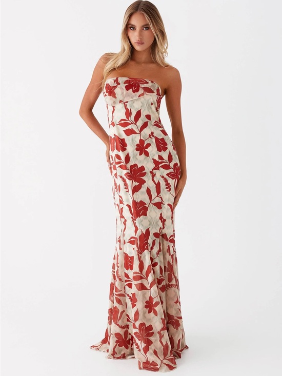 Peppermayo Dresses & Skirts - Peppermayo Cream Strapless Maxi Dress with Red Floral Print